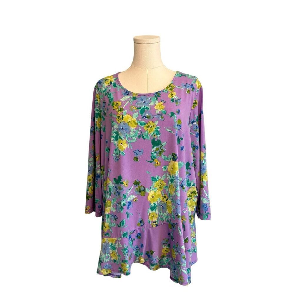 Susan Graver Women's XL Purple Violet Floral Stretchy Work Casual Ruffle Blouse